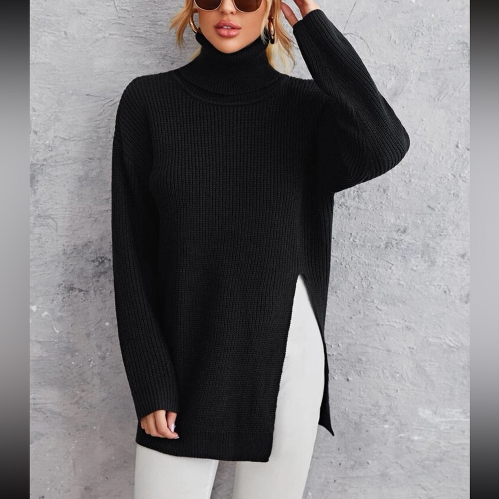 M 🔅 slit hem turtleneck knit oversized sweater